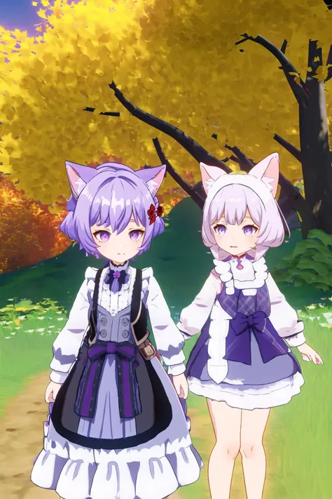 wral, masterpiece, best quality, 2boys, multiple boys, animal ears, basket, tail, male focus, red eyes, white hair, holding basket, nature, cat tail, forest, apron, cat ears, red hair, cosplay, multicolored hair, streaked hair, cat, blue eyes, flower, white shirt, open mouth, food, tree, cat boy, bangs, long sleeves, shirt, purple hair, white flower, outdoors, hood, frills, holding, crossdressing, black vest, white apron, hair between eyes, kemonomimi mode, vest, wine bottle, bread, alternate costume, bottle, medium hair, purple eyes, dress, waist apron, leaf, picnic basket