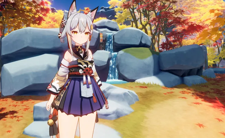 wral, masterpiece, best quality, virtual youtuber, multiple girls, wolf ears, wolf tail, wolf girl, horns, tail, animal ears, 3girls, oni horns, red eyes, torii, black hair, looking at viewer, stairs, thighhighs, long hair, mask, red hair, yellow eyes, japanese clothes, fox ears, autumn leaves, maple leaf, hair ornament, outdoors, multicolored hair, shimenawa, white hair, skirt, oni mask, streaked hair, kimono, mask on head, fox girl, fox tail, waterfall, detached sleeves, bangs, animal ear fluff, bell, hair between eyes, sash, black skirt, obi, leaf, autumn, smile, tree, rope, black shirt, sidelocks, shirt, falling leaves, kouhaku nawa, sitting, hair bun, necktie, sailor collar, breasts, east asian architecture, shrine, small breasts, hair bell, midriff, architecture, crop top, oni, scenery, hairclip, jingle bell, double bun, off shoulder, blurry, black kimono, single thighhigh, white thighhighs, standing