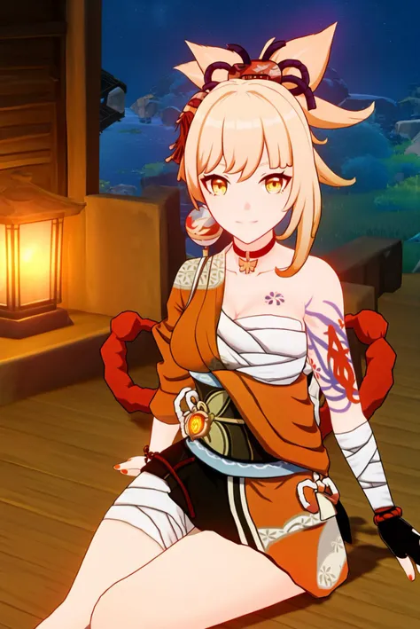 masterpiece, best quality, wral, yoimiya \(genshin impact\), 1girl, breasts, smile, solo, looking at viewer, japanese clothes, cleavage, gloves, blonde hair, sitting, bandages, kimono, orange kimono, grin, large breasts, fingerless gloves, choker, tattoo, sarashi, vision (genshin impact), fireworks, hair ornament, sash, chest tattoo, single fingerless glove, obi, thighs, blush, black gloves, red choker, arm tattoo, yellow eyes, bandaged arm, rope, bangs, ponytail, collarbone, orange nails, bare shoulders, shimenawa, nail polish, bracelet, jewelry, bandaged leg, long hair, hadanugi dousa, single glove, night, wooden floor, arm support, teeth