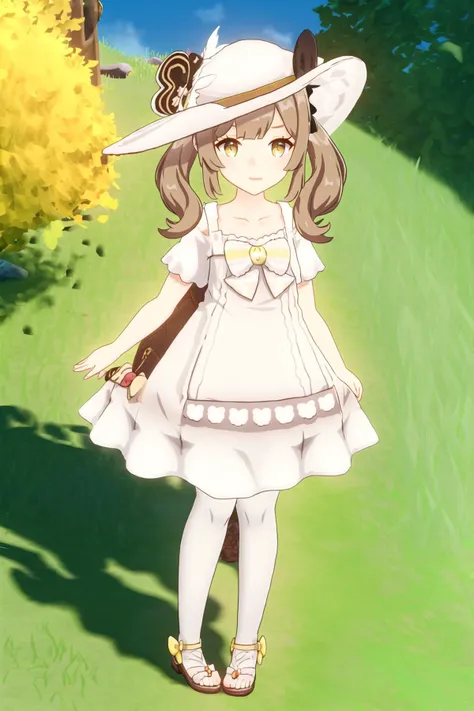 wral, masterpiece, best quality, 1girl, solo, hat, brown hair, dress, pantyhose, alternate costume, white pantyhose, tree, hair tubes, long hair, outdoors, full body, brown eyes, sandals, white dress, looking at viewer, grass, standing, collarbone, day, dappled sunlight, short sleeves, casual, arms at sides, frills, yellow eyes, blurry, bow, sidelocks, parted lips, hair bow, contemporary, bangs, sunlight, ribbon trim, ribbon, sun hat, short dress, twintails, blurry background, blush