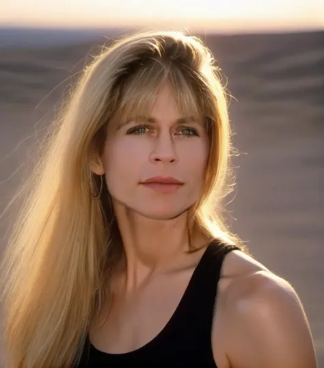 sarahc, blonde ponytail hair, wearing a black tank top, in the desert, portrait, close-up, zoomed in, center view, best quality, 4k, 8k<lora:LindaHamiltonSarahConnorXL:1>