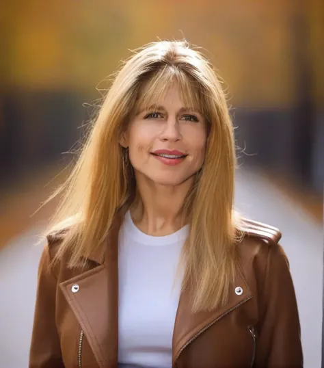 sarahc, blonde ponytail hair, happy, portrait, wearing a jacket, autumn, 4k, 8k<lora:LindaHamiltonSarahConnorXL:1>