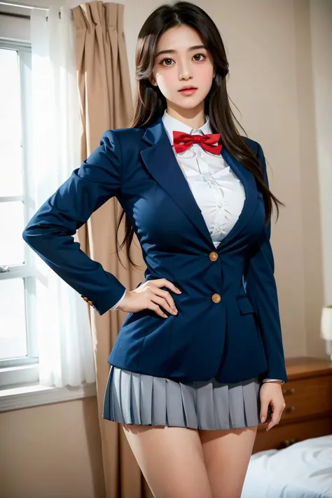 (day),bedroom,high rise apartment, windows,
dynamic pose,standing at attention,
school uniform, blue blazer,red bowtie,neck ribbon,long sleeves,white shirt,
no bottom,
<lora:Midori_Shouji_Houkago2-KK77-V1:0.5>,
Black hair, long hair, Black eyes, Bangs,
,<lora:more_details:0.1>,
1 girl, 18yo,Young female,Beautiful long legs,Beautiful body, (Mélanie Laurent:0.5),
Beautiful Nose,Beautiful character design, perfect eyes, perfect face,expressive eyes,perfect balance,
looking at viewer,closed mouth, (innocent_big_eyes:1.3),(Light_Smile:0.3),
official art,extremely detailed CG unity 8k wallpaper, perfect lighting,Colorful, Bright_Front_face_Lighting,White skin,
(masterpiece:1.0),(best_quality:1.0), ultra high res,4K,ultra-detailed,
photography, 8K, HDR, highres, absurdres:1.2, Kodak portra 400, film grain, blurry background, bokeh:1.2, lens flare, (vibrant_color:1.2),professional photograph,
(Beautiful,huge_Breasts:1.4), (beautiful_face:1.5),(narrow_waist),