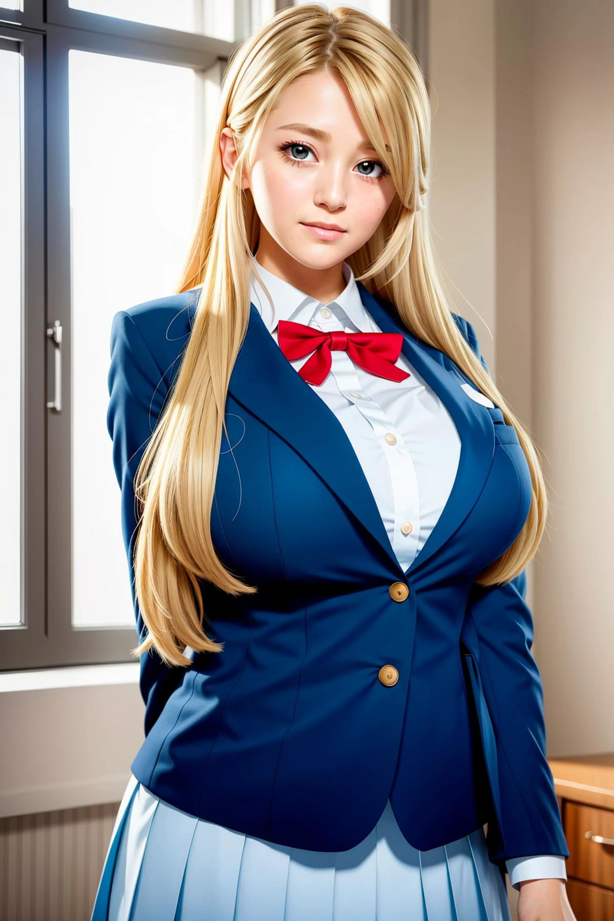 (day),bedroom,high rise apartment, windows,
dynamic pose,standing at attention,
blazer,blue suit ,red bow tie,neck ribbon, ribbon, school uniform,long sleeves,
pleated skirt,
<lora:Midori_Shouji_Houkago2-KK77-V1:0.5>,
blonde hair,long hair, Bangs,, hair ribbon, Blue_Eyes,
,<lora:more_details:0.1>,<lora:Western_female_01-KK77-V1:0.3>,
1 girl, 18yo,Young female,Beautiful long legs,Beautiful body,
Beautiful Nose,Beautiful character design, perfect eyes, perfect face,expressive eyes,perfect balance,
looking at viewer,closed mouth, (innocent_big_eyes:1.0),(Light_Smile:0.3),
official art,extremely detailed CG unity 8k wallpaper, perfect lighting,Colorful, Bright_Front_face_Lighting,White skin,
(masterpiece:1.0),(best_quality:1.0), ultra high res,4K,ultra-detailed,
photography, 8K, HDR, highres, absurdres:1.2, Kodak portra 400, film grain, blurry background, bokeh:1.2, lens flare, (vibrant_color:1.2),professional photograph,
(Beautiful,huge_Breasts:1.2), (beautiful_face:1.5),(narrow_waist),