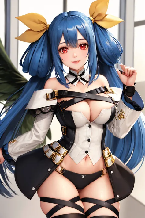 (masterpiece, best quality:1.2), solo, 1girl, ggdizzy, smile, looking at viewer, hair ribbon, detached sleeves, underwear, thighhighs, thigh strap, choker, belt, asymmetrical wings, tail, tail ornament, bare shoulders, navel, cleavage <lora:guiltygear_dizzy:1.0>