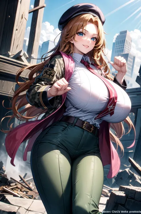 (masterpiece, best quality, detailed), 1girl, solo, matsumoto rangiku, long hair, huge breasts, looking at viewer,
military uniform, military, soldier, belt, green pants, beret, brown jacket, metal, camouflage, ruins, overgrown, rubble, pillar, outdoors, building, light rays, fog, fighting stance, (clenched hands), legs apart, seductive smile