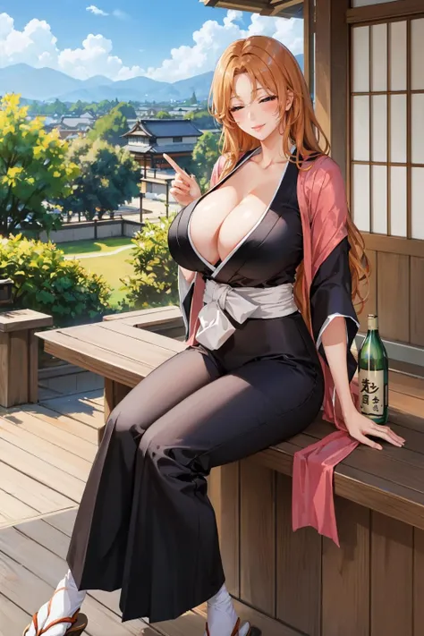 masterpiece, best quality, <lora:rangiku-nvwls-v1-000010:1> matsumoto rangiku, long hair, black kimono, pants, cleavage, sash, huge breasts, sitting, japanese architecture, bottle of sake, looking at viewer, blush, closed eyes, smile, counter