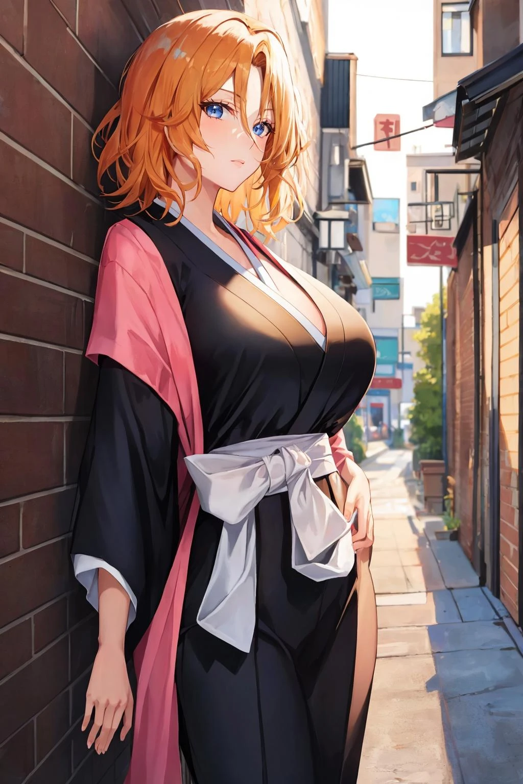 masterpiece, best quality, <lora:rangiku-nvwls-v1-000010:1> matsumoto rangiku, short hair, hair between eyes, black kimono, sash, large breasts, city street, night, alleyway, looking at viewer