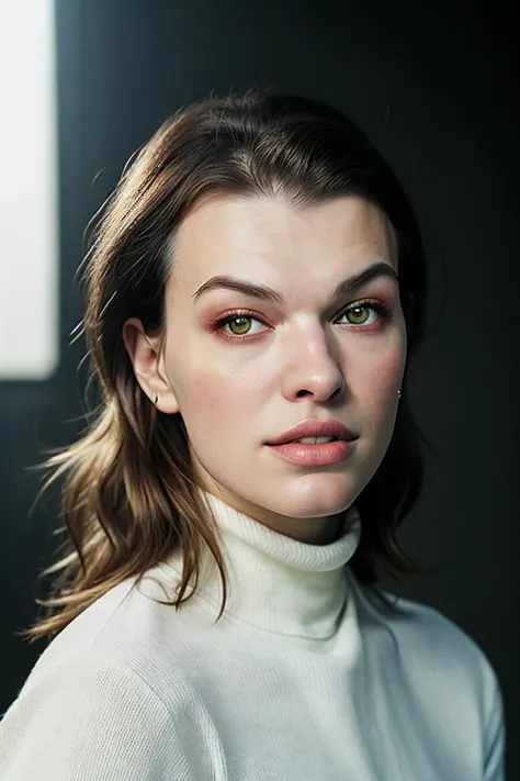 portrait of (millajovov:1.1), wearing turtleneck, background resident evil, epic (photo, studio lighting, hard light, sony a7, 50 mm, matte skin, pores, colors, hyperdetailed, hyperrealistic)