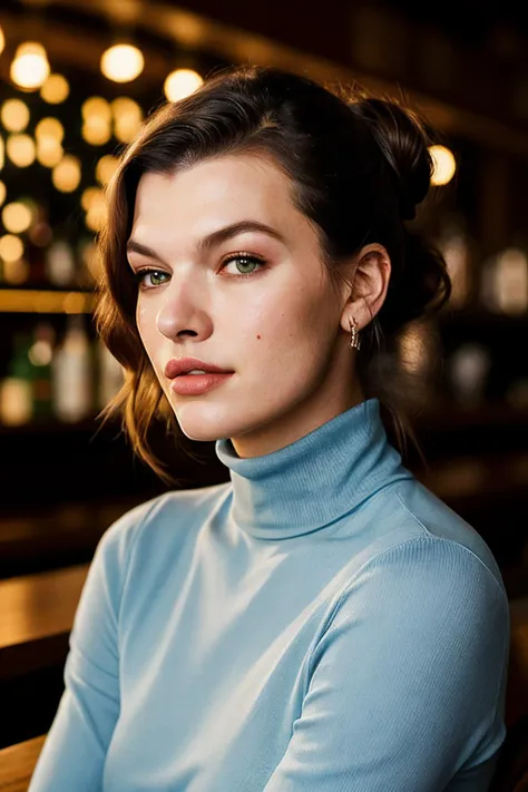 photo of extremely sexy ( Emmmyers:1.1), a woman as a sexy student, closeup portrait upsweep updo, (Denim Blue tight long sleeve turtleneck top), at a cantina sitting bar (masterpiece:1.5) (photorealistic:1.1) (bokeh) (best quality) (detailed skin texture pores hairs:1.1) (intricate) (8k) (HDR) (wallpaper) (cinematic lighting) (sharp focus), (eyeliner)