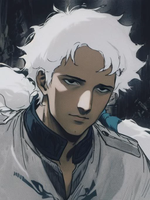 ( ngl ) ((drawing of a man with white hair portrait in vast gothic decrepit scenery at night, dark, dim light)) <lora:New Egg:1>