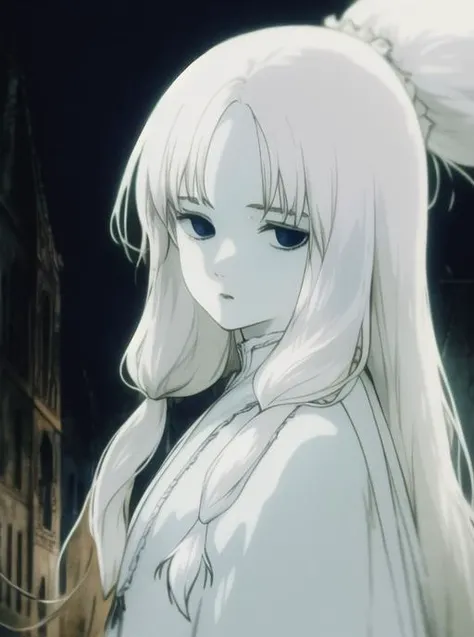(pale girl wearing rags with long white hair close-up, looking at viewer) wandering in a decrepit gothic scenery at night <lora:Egg V - 2nd training:0.9>