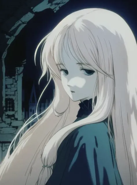 (pale girl with long white hair close-up, looking at viewer) wandering in a decrepit gothic scenery at night <lora:Egg V - 2nd training:1>