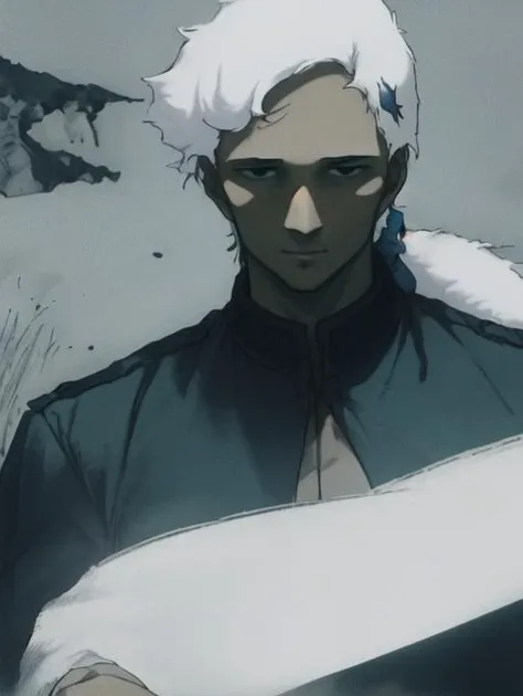 ( ngl ) ((drawing of a man with white hair portrait in vast gothic decrepit scenery at night, dark, dim light)) <lora:New Egg:1.2>