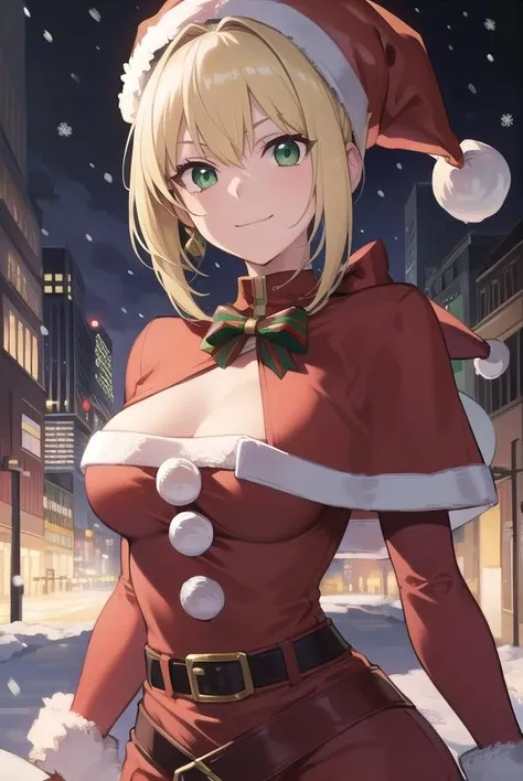 sexy woman, mature milf, huge breasts, large breasts, curvy, voluptuous, blonde hair, blue eyes, long hairstyle, santa microbikini, santa hat, christmas gloves, grinning, standing, solo focus, city street, outdoor, night time, art by joy ride