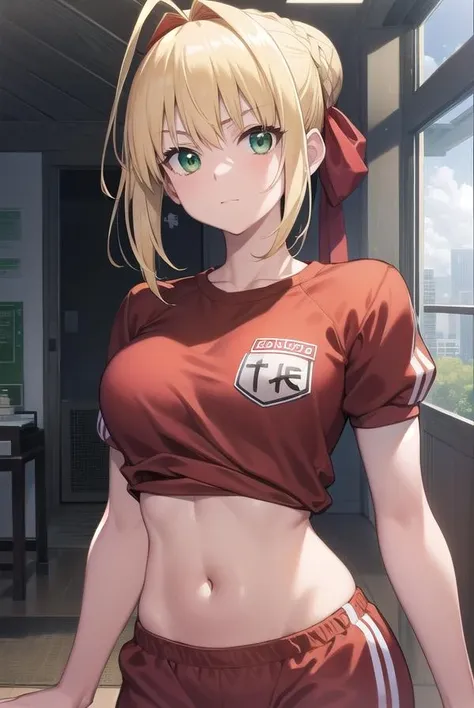 fgonero, <lora:nero-lora-nochekaiser:1>,
nero, ahoge, blonde hair, (green eyes:1.5), hair between eyes, hair intakes,
BREAK braid, buruma, french braid, gym shirt, gym uniform, hair bun, headband, official alternate costume, red buruma, red headband, single hair bun,
BREAK looking at viewer,
BREAK indoors, classroom,
BREAK <lyco:GoodHands-beta2:1>, (masterpiece:1.2), best quality, high resolution, unity 8k wallpaper, (illustration:0.8), (beautiful detailed eyes:1.6), extremely detailed face, perfect lighting, extremely detailed CG, (perfect hands, perfect anatomy),