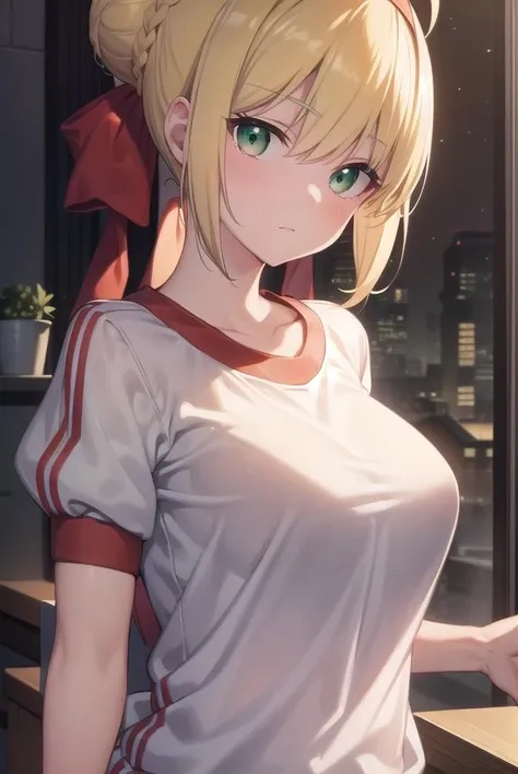 Masterpiece, best quality, very detailed, Ultra high resolution, (photorealistic:1.4), raw photos, (realistic:0.2), 1 girl, alone, long hair,,8k hdr, 1 girl,Blonde hair, medium-large breast, bright eyes, , medium-small breasts,Wearing a Manchester United shirt , McDonald's