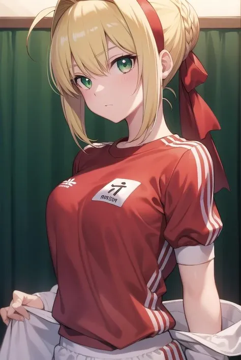 best quality, masterpiece, highres, solo, {nero_claudius_fgo:1.15}, blonde_hair, ahoge, green_eyes, hair_intakes, breasts, bangs, smile, large_breasts, blush, cleavage, braid, hair_between_eyes, long_hair, 1girl, gym_uniform, hair_bun, headband, official_alternate_costume, shirt, single_hair_bun, white_shirt, looking_at_viewer, short_sleeves, gym_shirt, red_headband, buruma, french_braid, red_buruma, name_tag, sidelocks, short_hair, simple_background