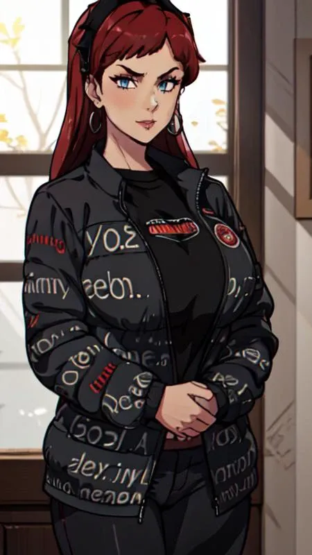 (hilda), stern, (milf), 1girl, ((40 yr old)), (gigantic breasts), Black Crown, jewelry, hoop earrings, red hair, swept bangs, blue eyes, <lora:Hilda_Greyrat_Mushoku-KK77-V1:0.5>, (masterpiece:1.2, best quality:1.2, beautiful, high quality, highres:1.1, aesthetic), detailed, extremely detailed, ambient soft lighting, 4K, perfect lighting, perfect face, detailed face, perfect eyes, fullbody shot, drip jacket, white background, shirt, open clothes, black pants, pants, 1girl, black shirt, looking at viewer, open jacket, solo, own hands together, <lora:drip_jacket:0.7>