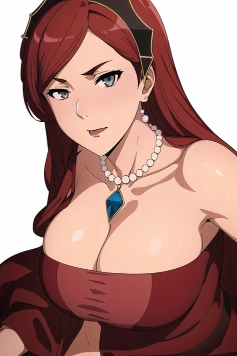 Simple White Background,
Standing at attention,
strapless,red dress,bare shoulders, deep cleavage, collarbone,Black Crown,
<lora:Hilda_Greyrat_Mushoku-KK77-V1:0.7>,pearl necklace,jewelry, gem,hoop earrings,
red hair, swept bangs,blue eyes,
<lora:Mariana_Luciano_NON_VIRGIN-KK77-V1:0.3>,<lora:more_details:0.1>,
1 girl, 20yo,Young female,Beautiful Finger,Beautiful long legs,Beautiful body,Beautiful Nose,Beautiful character design, perfect eyes, perfect face,expressive eyes,perfect balance,
looking at viewer,(Focus on her face),closed mouth, (innocent_big_eyes:1.0),Light_Smile,
official art,extremely detailed CG unity 8k wallpaper, perfect lighting,Colorful, Bright_Front_face_Lighting,shiny skin, 
(masterpiece:1.0),(best_quality:1.0), ultra high res,4K,ultra-detailed,
photography, 8K, HDR, highres, absurdres:1.2, Kodak portra 400, film grain, blurry background, bokeh:1.2, lens flare, (vibrant_color:1.2),professional photograph, 
(Beautiful,large_Breasts:1.4), (beautiful_face:1.5),(narrow_waist),