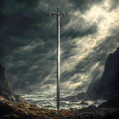 epic Digital artwork, landscape of a Supersized The Sword of Excalibur, Hurricane, Ultra Detailed, Figurative Art, Depth of field 100mm, Kodachrome