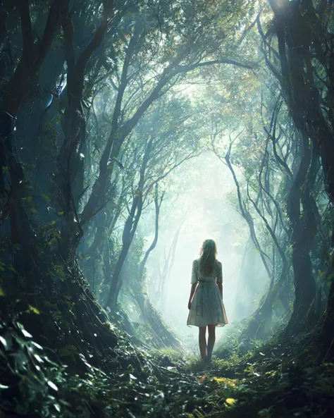 A woman standing in a dreamlike forest, where the trees and foliage morph into abstract patterns and ethereal light, evoking a sense of wonder and tranquility.