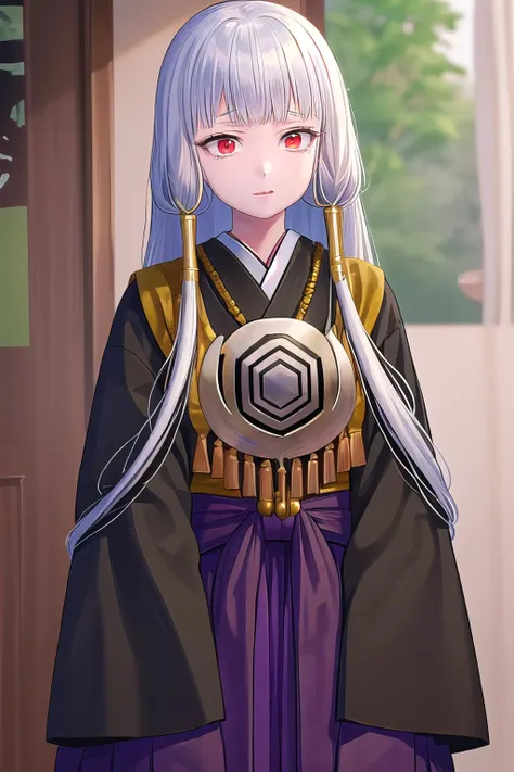 masterpiece, best quality, ultra-high-detailed, 1girl, Uematsu Rikako, silver hair, long hair, two front braids, red eyes, pendant, two yellow ribbons, black kimono, purple skirt, long skirt