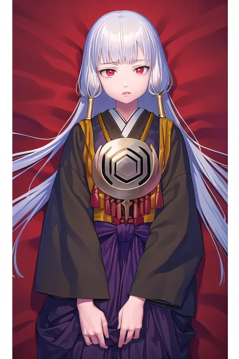 masterpiece, best quality, ultra-high-detailed, 1girl, Uematsu Rikako, silver hair, long hair, two front braids, red eyes, pendant, two yellow ribbons, black kimono, purple skirt, long skirt, lying on back