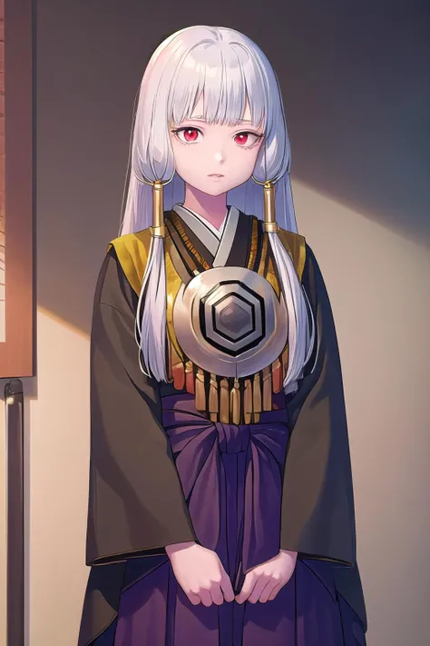 masterpiece, best quality, ultra-high-detailed, 1girl, Uematsu Rikako, silver hair, long hair, two front braids, red eyes, pendant, two yellow ribbons, black kimono, purple skirt, long skirt, standing