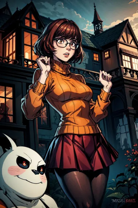 thick outlines, comics, photorealistic, perfect hands, masterpiece:1.2, Haunted manor, haunted house, old house, dark, ghost, 1girl, solo, standing, <lora:velma:0.5>, velma, small breast, short hair, red skirt, brown hair, brown eyes, pantyhose, pleated skirt, glasses, sweater, turtleneck, ribbed sweater, turtleneck sweater, orange shirt, orange sweater, detailed background, detailed face, detailed eyes, <lora:add_detail:0.8>