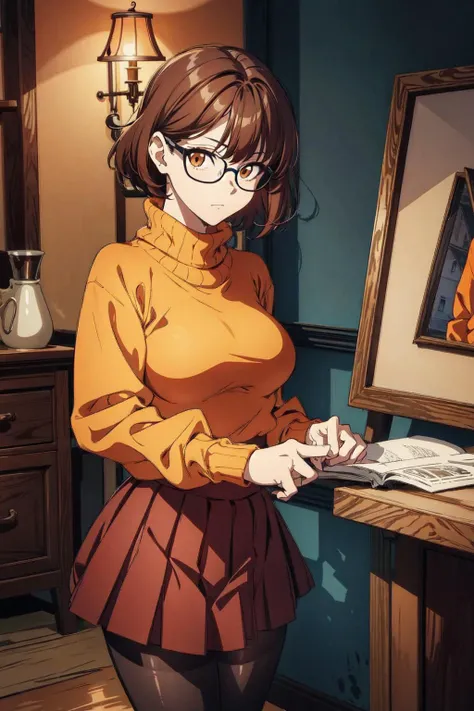 thick outlines, comics, photorealistic, perfect hands, masterpiece:1.2, Haunted manor, haunted house, old house, dark, ghost, 1girl, solo, standing, <lora:velma:0.5>, velma,  small breast, short hair, red skirt, brown hair, brown eyes, pantyhose, pleated skirt, glasses, sweater, turtleneck, ribbed sweater, turtleneck sweater, orange shirt, orange sweater, detailed background, detailed face, detailed eyes, <lora:add_detail:0.8>