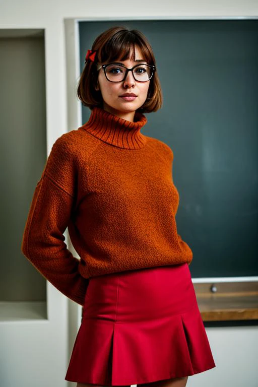 masterpiece, (photorealistic:1.4), best quality, beautiful lighting, RAW photo, 8k uhd, film grain, harsh lighting, 35mm, hires, shot on Hasselblad X1D II, ND filter, mid-length
<lora:velma:0.7> velma, 1girl, short hair, glasses, brown hair, solo, sweater, turtleneck, orange sweater, turtleneck sweater, black-framed eyewear, red skirt, bow, hair bow, looking at viewer