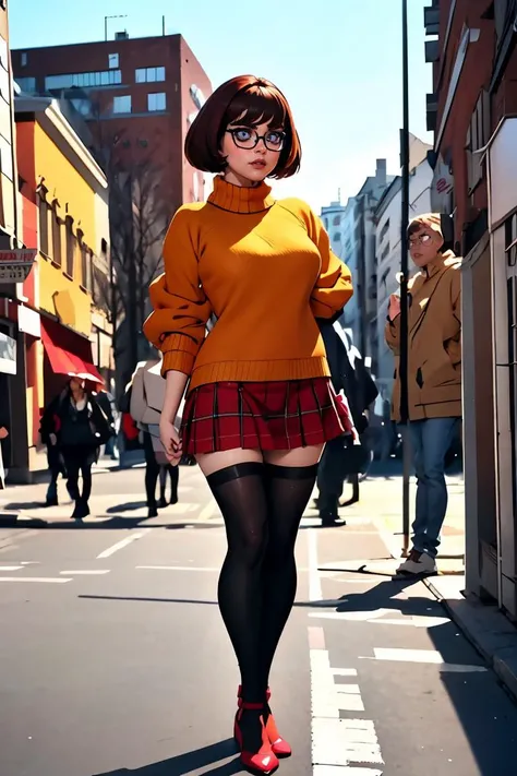 (masterpiece, best quality), 1girl, <lora:velma:1> velma, orange sweater, plaid skirt, black legwear, glasses,
