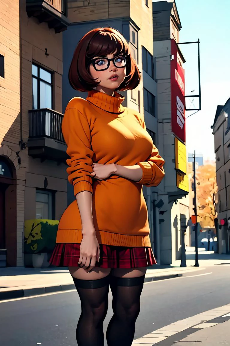 (masterpiece, best quality), 1girl, <lora:velma:1> velma, orange sweater, plaid skirt, black legwear, glasses,