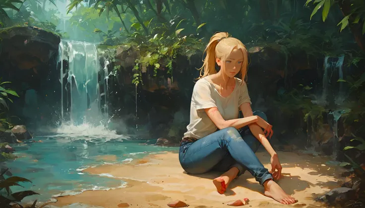 score_9, score_8_up, score_7_up, score_6_up, score_5_up, score_4_up, BREAK, source_anime, 1lady,dirty skin,scars, long jeans,tshirt,(long blonde hair with ponytail), dense jungle, river, waterfall, sand,blue eyes, sitting down on sand, <lora:WildcardX-XL-Detail-Enhancer:0.5>,<lora:add-detail-xl:0.5><lora:d4rk01lXLP:0.6>,<lora:Torn:0.1><lora:Expressive_H-000001:0.5>,<lora:Krys_Decker_style_v1-10:0.7>