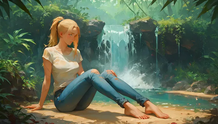 score_9, score_8_up, score_7_up, score_6_up, score_5_up, score_4_up, BREAK, source_anime, 1lady,dirty skin,scars, long jeans,tshirt,(long blonde hair with ponytail), dense jungle, river, waterfall, sand,blue eyes, sitting down on sand, <lora:WildcardX-XL-Detail-Enhancer:0.5>,<lora:add-detail-xl:0.5><lora:d4rk01lXLP:0.6>,<lora:Torn:0.1><lora:Expressive_H-000001:0.5>,<lora:Krys_Decker_style_v1-10:0.7>