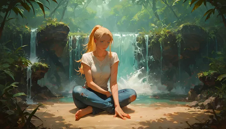 score_9, score_8_up, score_7_up, score_6_up, score_5_up, score_4_up, BREAK, source_anime, 1lady,dirty skin,scars, long jeans,tshirt,(long blonde hair with ponytail), dense jungle, river, waterfall, sand,blue eyes, sitting down on sand, <lora:WildcardX-XL-Detail-Enhancer:0.5>,<lora:add-detail-xl:0.5><lora:d4rk01lXLP:0.6>,<lora:Torn:0.1><lora:Expressive_H-000001:0.5>,<lora:Krys_Decker_style_v1-10:0.7>