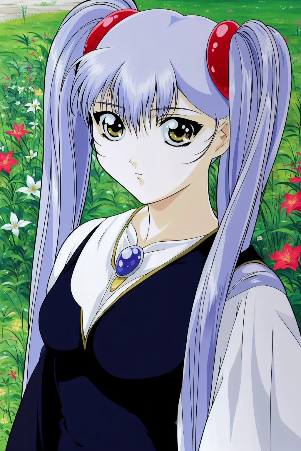(masterpiece), (best quality), hoshino_ruri_(nadesico), 1girl, solo, long hair, looking at viewer, bangs, hair ornament, purple hair, long sleeves, twintails, jewelry, closed mouth, yellow eyes, upper body, flower, outdoors, grass, brooch, field