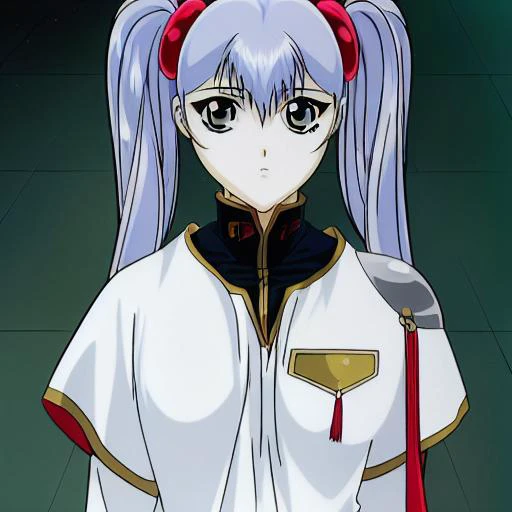 (masterpiece), (best quality), hoshino_ruri_(nadesico), 1girl, solo, long hair, looking at viewer, purple hair, bangs, hair ornament, twintails, closed mouth, yellow eyes, upper body, uniform, military, military uniform, expressionless