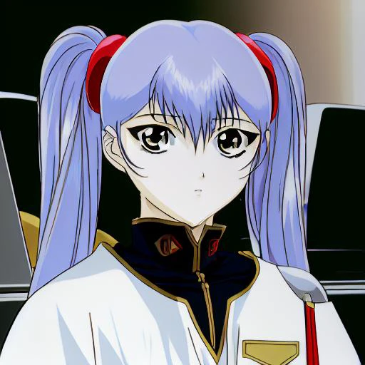 (masterpiece), (best quality), hoshino_ruri_(nadesico), 1girl, solo, long hair, looking at viewer, purple hair, bangs, hair ornament, twintails, closed mouth, yellow eyes, upper body, uniform, military, military uniform, expressionless