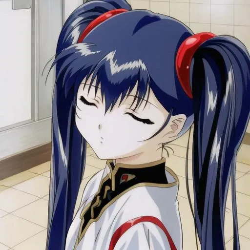 (masterpiece), (best quality), hoshino_ruri_(nadesico), 1girl, black hair, very long hair, low twintails, closed eyes, facing up, breasts, small breasts, bathroom, indoors
