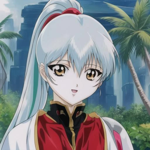 (masterpiece), (best quality), hoshino_ruri_(nadesico), 1girl, green hair, ponytail, smiling, :D, happy, red dress, breasts, looking at viewer, orange eyes, forest, jungle, palm tree