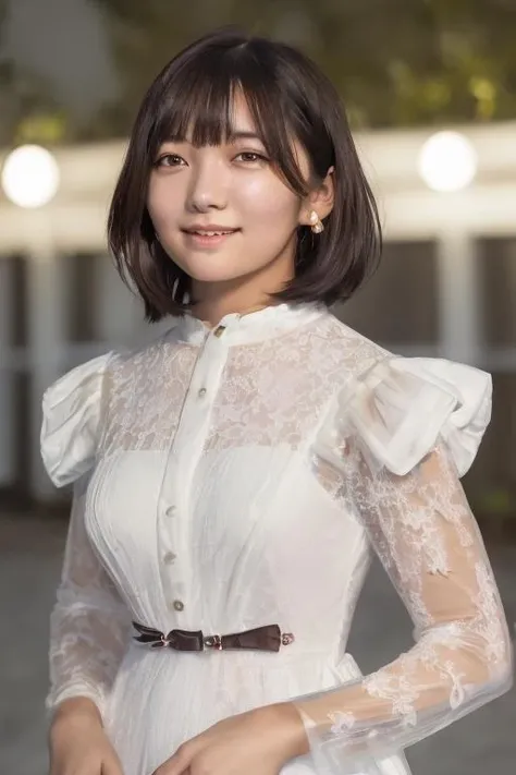 1girl, (wearing an evening dress:1.8),(RAW photo, best quality), (realistic, photo-realistic:1.4), masterpiece, an extremely delicate and beautiful, extremely detailed, 2k wallpaper, Amazing, finely detail, extremely detailed CG unity 8k wallpaper, ultra-detailed, highres, soft light, beautiful detailed girl, extremely detailed eyes and face, beautiful detailed nose, beautiful detailed eyes,cinematic lighting,(in the city at night:2.4),(night city view:2.4),perfect anatomy,(slender body:2.0),(laughing:1.4),(close up face:2.6),(open eyes:1.4),(look at viewer),(front view:1.0),(young japanese girl:1.8),cinematic angle,(wavy short hair), (brown eyes:1.8),(standing:2.0), (cleavage:1.4), <lora:fujideraminori_lora-01:0.8>