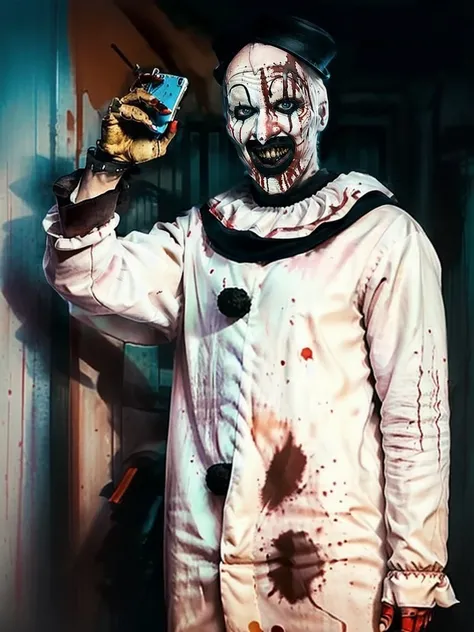 Art768 , a clown, full body, taking a selfie, detailed eyes, photography, trending on artstation, sharp focus, studio photo, intricate details, highly detailed, by greg rutkowski <lora:Art768:0.7>