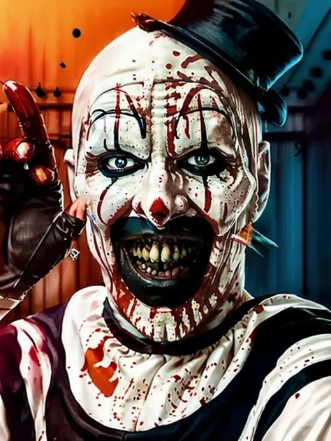Art768 , a clown, taking a slefie, peace sign, detailed eyes, photography, trending on artstation, sharp focus, studio photo, intricate details, highly detailed, by greg rutkowski <lora:Art768:0.7>