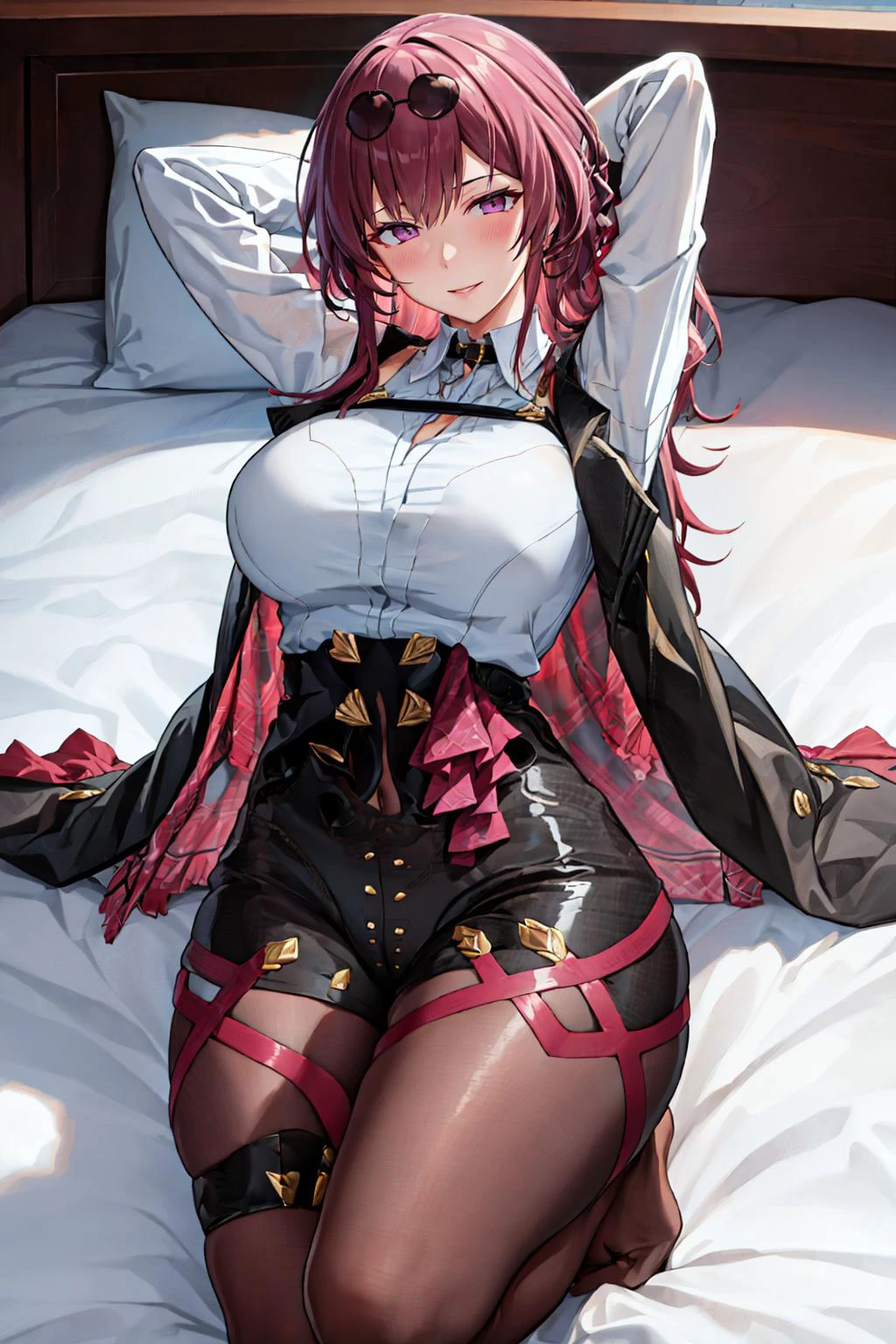 masterpiece, best quality, <lora:kafka-nvwls-v1-final:0.9> kafka, purple eyes, sunglasses on head, black jacket, collared shirt, black shorts, pantyhose, seiza, bed, arms behind head, smile <lora:Nanae-Style-000052:1>