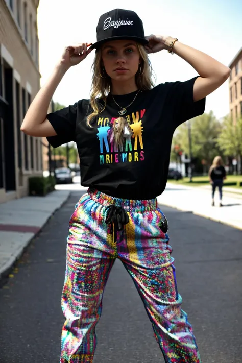 masterpiece, 4K, best quality, absurdres, AngourieRice, solo, a woman, blonde hair, in a black shirt and colorful pants, wearing edg90hh_clothing, <lora:AngourieRice:1.2>, <lora:edg90hh:0.9>