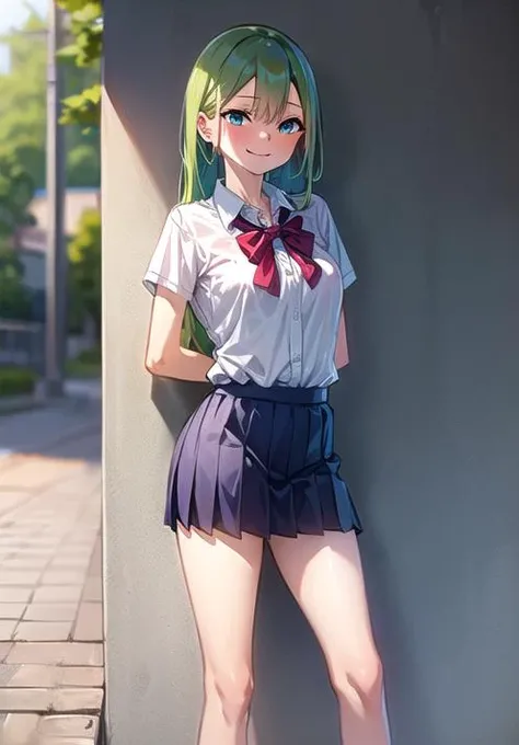 (masterpiece), 1girl, <lora:yamada_gotyui_style:1.1>, green hair, long hair, blue eyes, smile, school uniform, arms behind back,