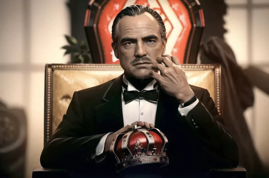 <lora:KING:0.7>, king,holding,crown, throne,
Sitting on chair, in dark room,
Black_suit,Black_jacket,shirt,tuxedo,red_Rose in his lapel, (Close-Up:1.0),(face_focus:1.0),(upper_body),
<lora:Agent47_hitman-KK77-V1:0.1>,<lora:Vito_Corleone_Godfather-KK77-V1:0.75>,
pubic_hair,bowtie, blue_eyes, brown watch,
1 old_Man, 50yo,male,looking at viewer,(closed mouth:1.0),
NSFW,official art,extremely detailed CG unity 8k wallpaper, perfect lighting,Colorful, Bright_Front_face_Lighting,
(masterpiece:1.0),(best_quality:1.0), ultra high res,4K,ultra-detailed,
photography, 8K, HDR, highres, absurdres:1.2, Kodak portra 400, film grain, blurry background, bokeh:1.2, lens flare, (vibrant_color:1.2)