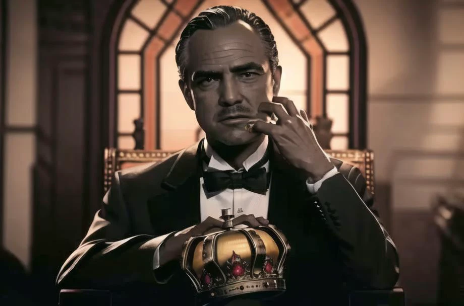 <lora:KING:0.7>, king,holding,crown, throne,
Sitting on chair, in dark room,
Black_suit,Black_jacket,shirt,tuxedo,red_Rose in his lapel, (Close-Up:1.0),(face_focus:1.0),(upper_body),
<lora:Agent47_hitman-KK77-V1:0.1>,<lora:Vito_Corleone_Godfather-KK77-V1:0.75>, 
pubic_hair,bowtie, blue_eyes, brown watch,
1 old_Man, 50yo,male,looking at viewer,(closed mouth:1.0),
NSFW,official art,extremely detailed CG unity 8k wallpaper, perfect lighting,Colorful, Bright_Front_face_Lighting,
(masterpiece:1.0),(best_quality:1.0), ultra high res,4K,ultra-detailed,
photography, 8K, HDR, highres, absurdres:1.2, Kodak portra 400, film grain, blurry background, bokeh:1.2, lens flare, (vibrant_color:1.2)